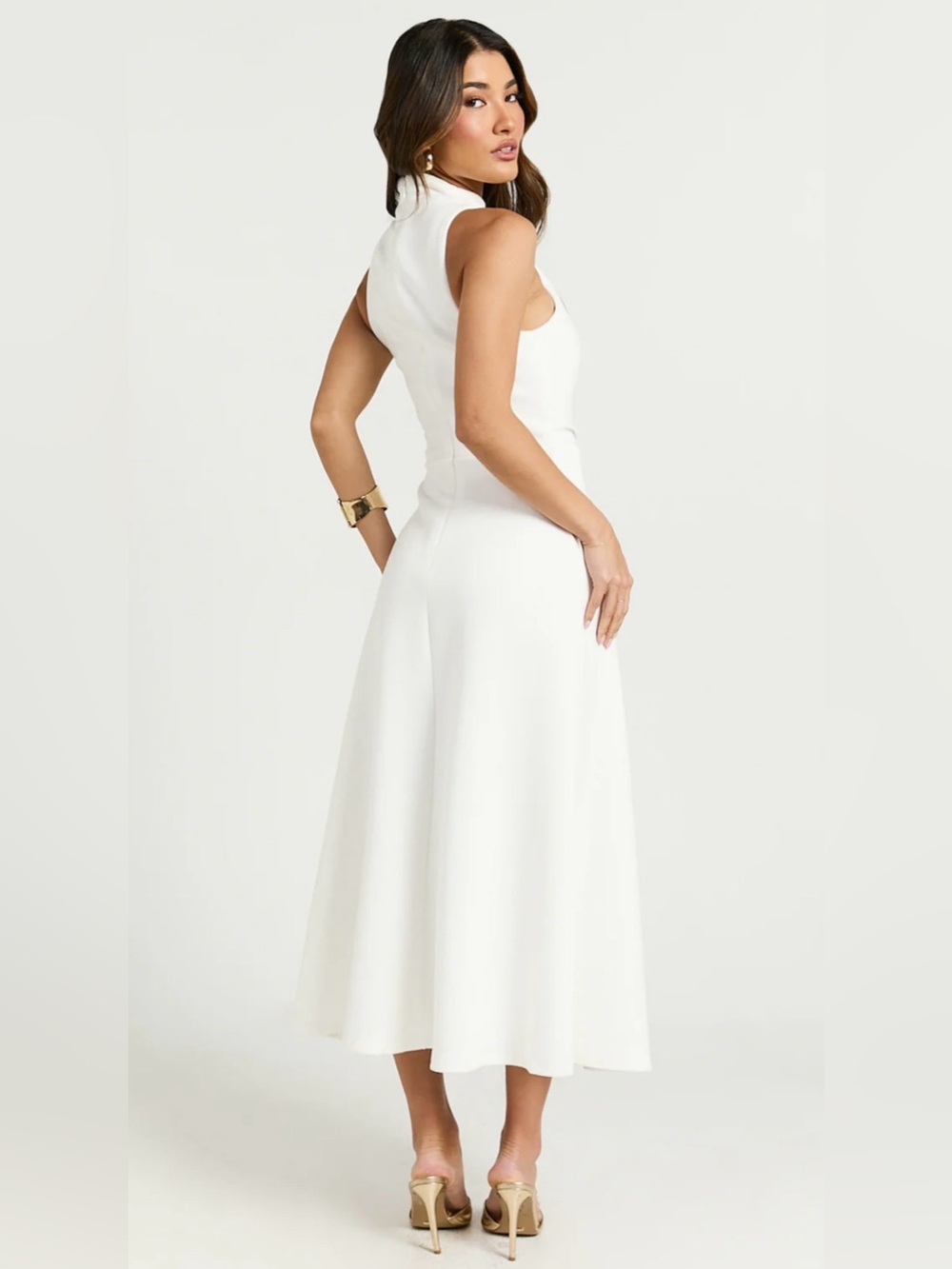 NWT Showpo MACY Off White High-Neck A-line Midi Dress with pockets Sz 2 - Picture 2 of 10